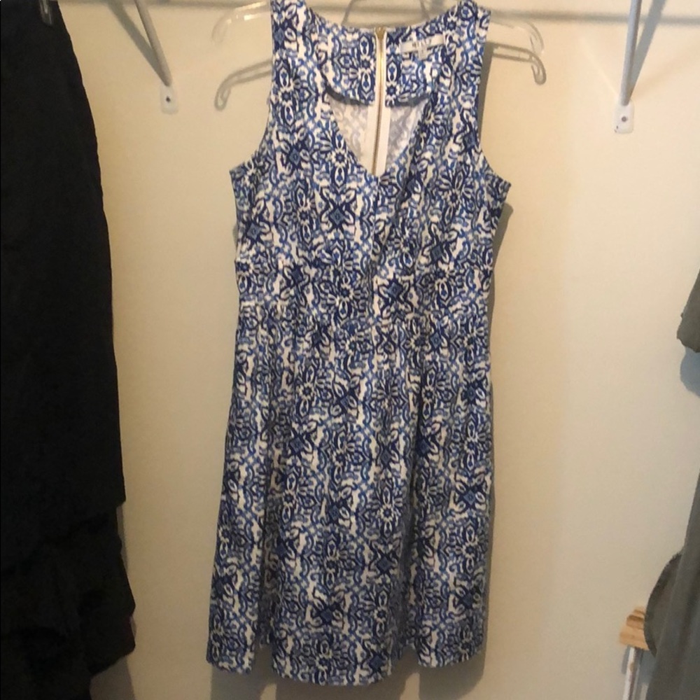 Fit and flare blue and white dress